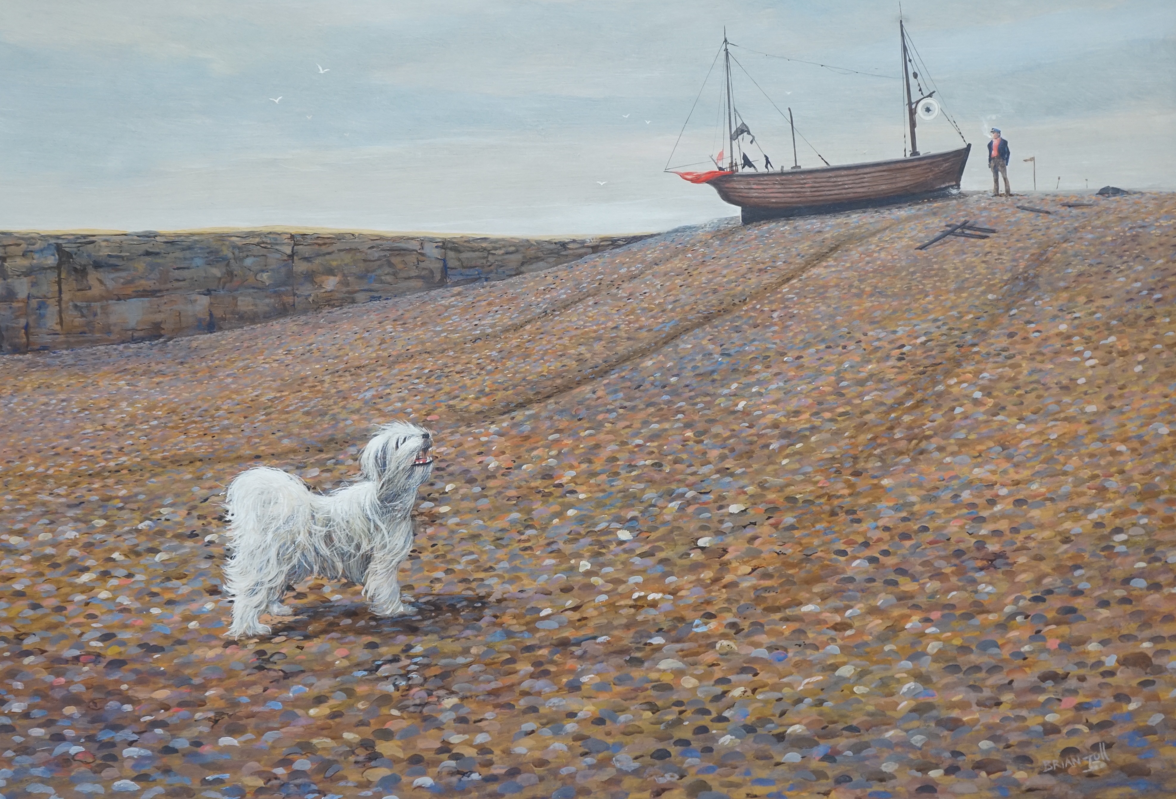 Brian Toll, acrylic on board, Coastal view with terrier before a sailing boat, signed, 53 x 76cm. Condition - good